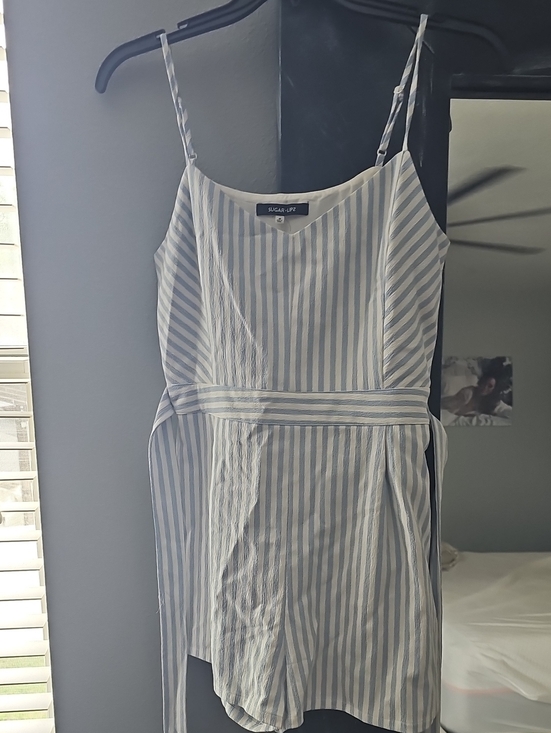 Sugarlips Other - Sugarlips White and Light Blue Striped Spaghetti Strap Romper
